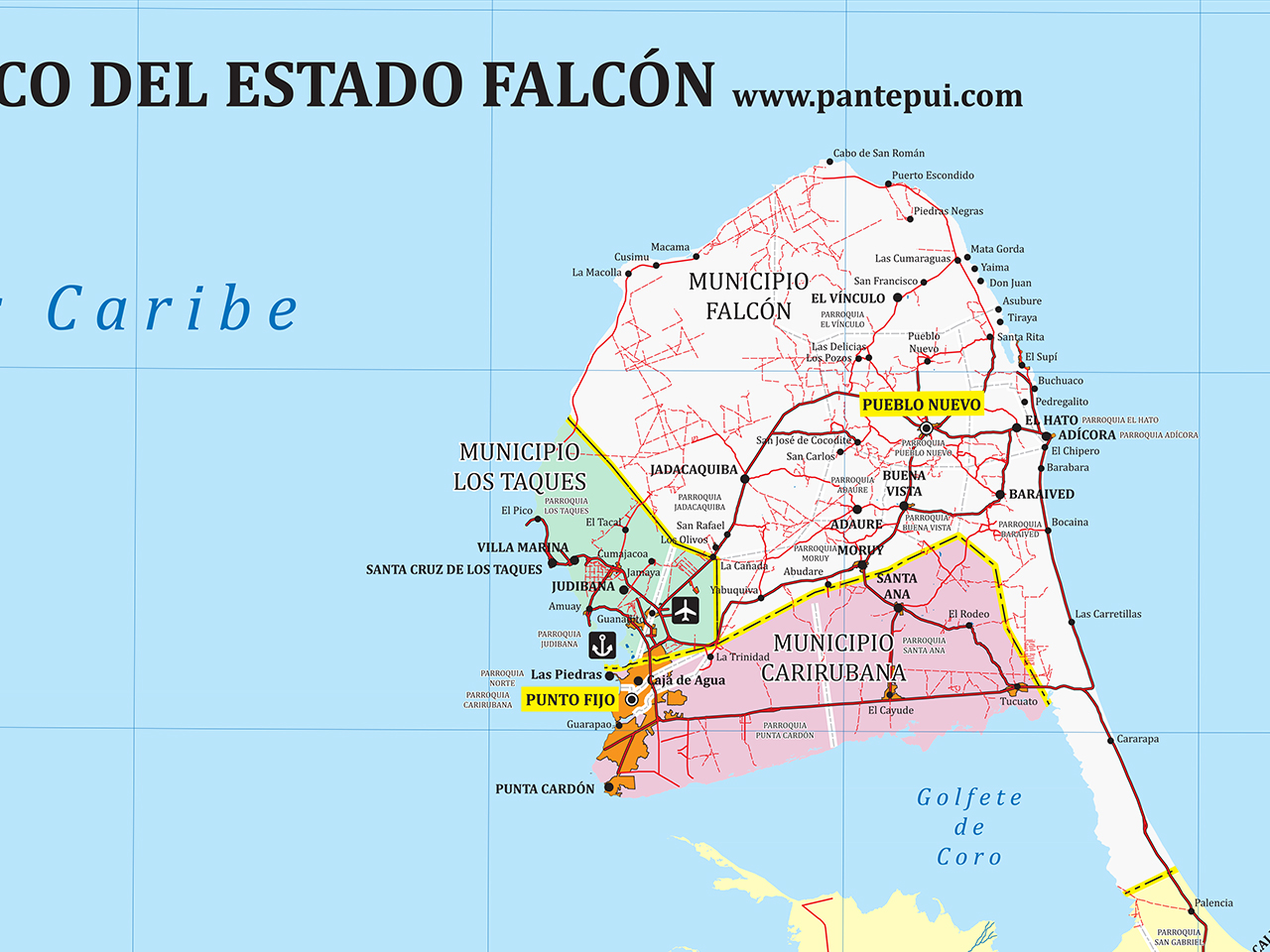 mapa polÍtico del estado falcÓn tamaÑo grande 100 impermeable